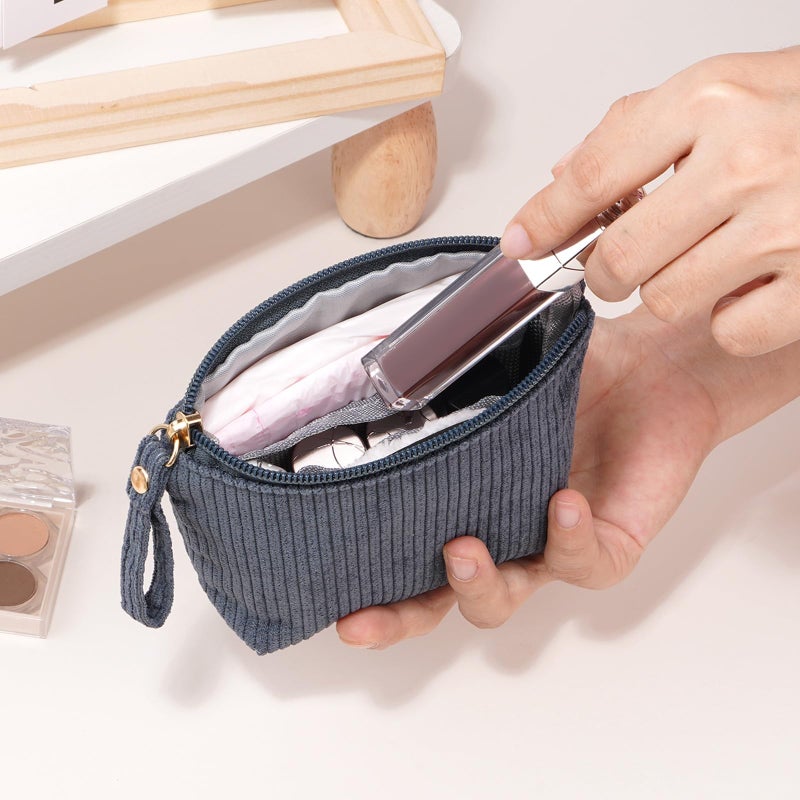 MAGEFY Mini Makeup Bag, Cute Small Makeup Bag for Purse Corduroy Cosmetic Bag for Women with Slip-in Pockets Travel Purse Essentials Lipstick Bag(Grey,Mini) - Image 5