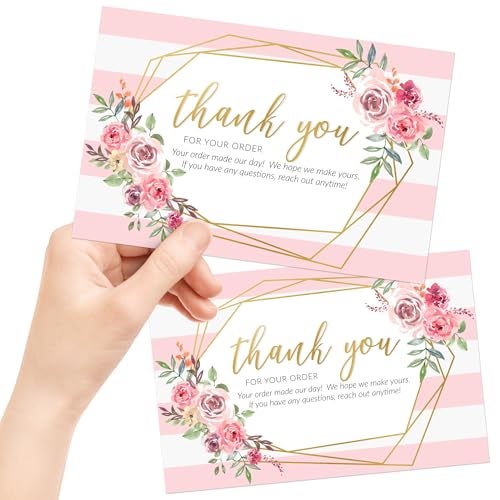 T MARIE 50 Large 4x6 Pink Thank You Postcards Small Business Supplies for Boutique Shops - Faux Gold and Pink Floral Thank You For Your Order and Thanks For Supporting My Small Business Cards - Image 2