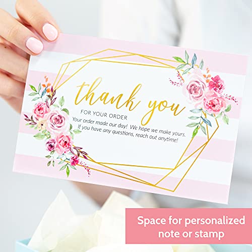 T MARIE 50 Large 4x6 Pink Thank You Postcards Small Business Supplies for Boutique Shops - Faux Gold and Pink Floral Thank You For Your Order and Thanks For Supporting My Small Business Cards - Image 5