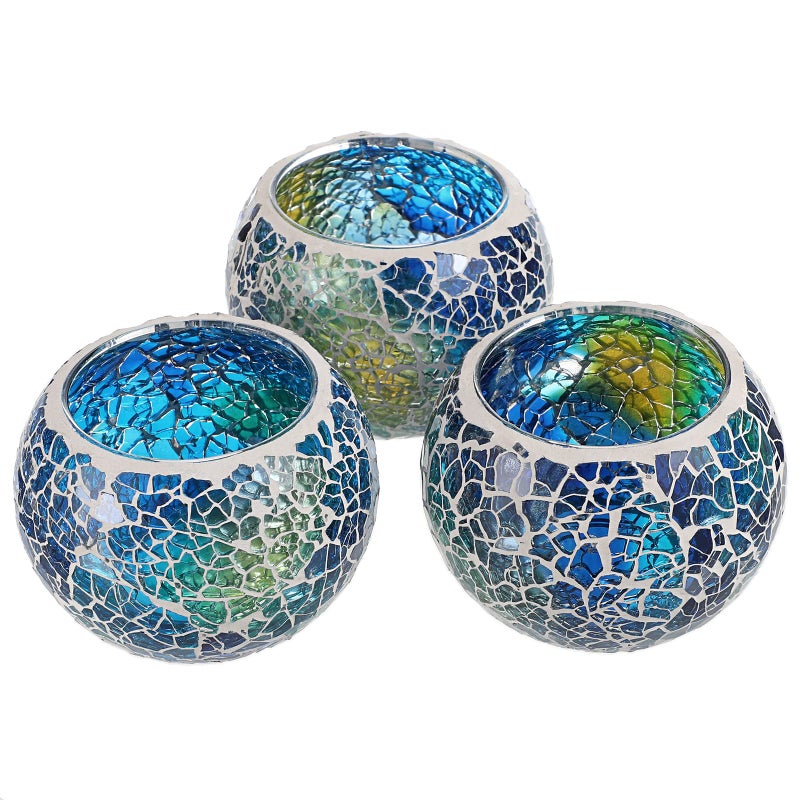OwnMy Set of 3 Blue Mosaic Glass Tea Light Holders Round Bowl Votive Candle Holders Pillar Candle Stands Glass Mosaic Tealight Holders Potted Plant Bowl Vase Candle Centerpiece for Table Wedding
