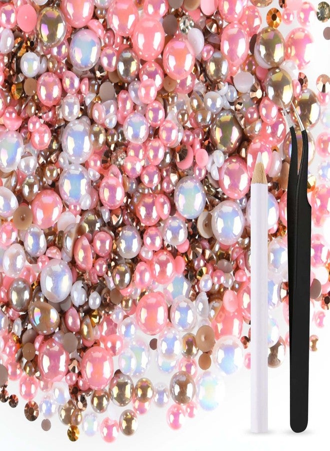ASTARON 50g Mix Flatback Rhinestones Half Pearls for Crafts Mixed Size 3mm-10mm Flat Back Rhinestones for Crafts Flatback Pearls for Decorating Tumblers Mugs Nail Art Shoes (Pink Brown Series) - Image 1