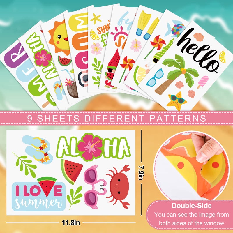 Whaline 9 Sheets Summer Window Clings Cartoon Gnome Ice Lolly Prints Double-Sided Window Decals Hello Summer Window PVC Stickers Anti-Collision for Summer Home Room Classroom Decor Party Supplies - Image 2
