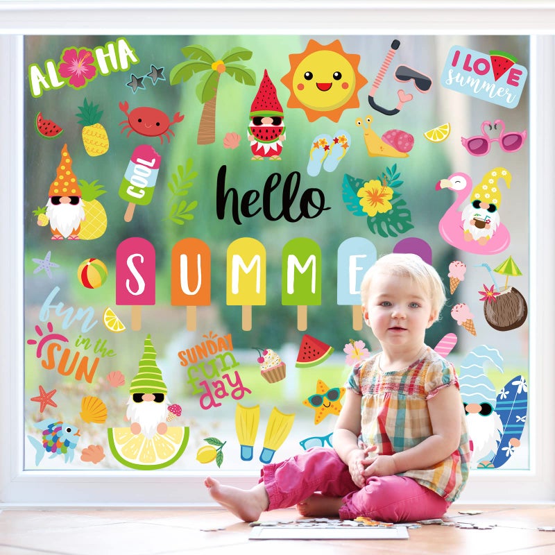 Whaline 9 Sheets Summer Window Clings Cartoon Gnome Ice Lolly Prints Double-Sided Window Decals Hello Summer Window PVC Stickers Anti-Collision for Summer Home Room Classroom Decor Party Supplies - Image 4