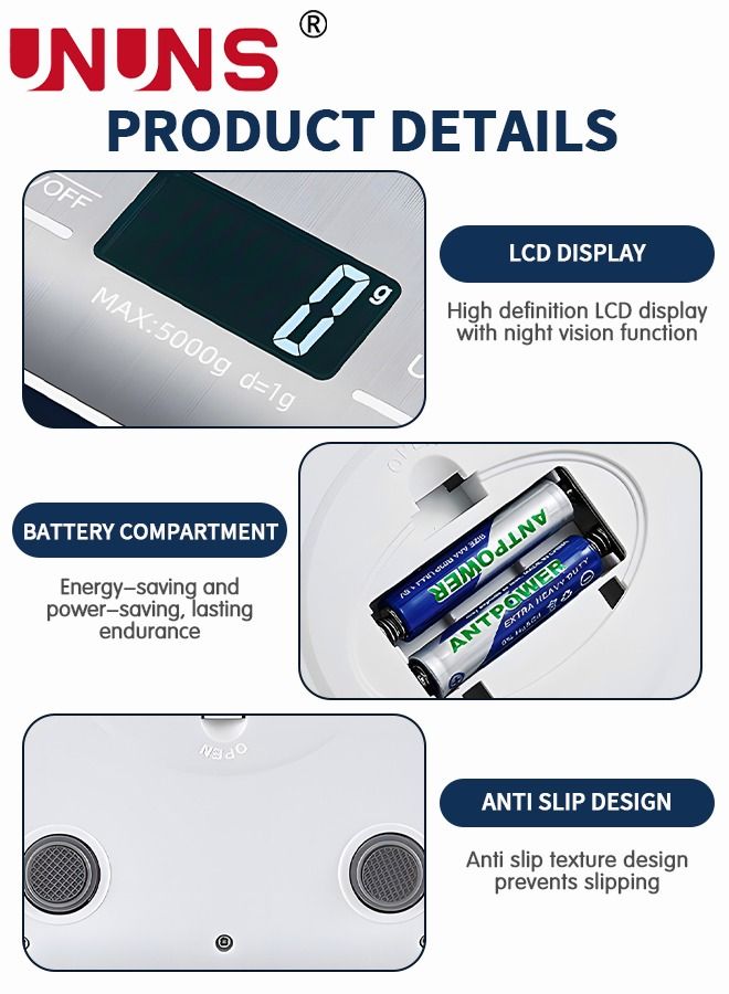 UNUNS موازين مطبخ رقمية، ميزان طعام متعدد الوظائف 11 رطل/5 كجم، مقياس قياس رقمي LCD، مقياس وزن إلكتروني، 6 وحدات قياس مع 0.1 أونصة/1 جرام، مقياس دقيق للخبز/الطبخ/الحبوب/الدقيق/الشاي - Image 3