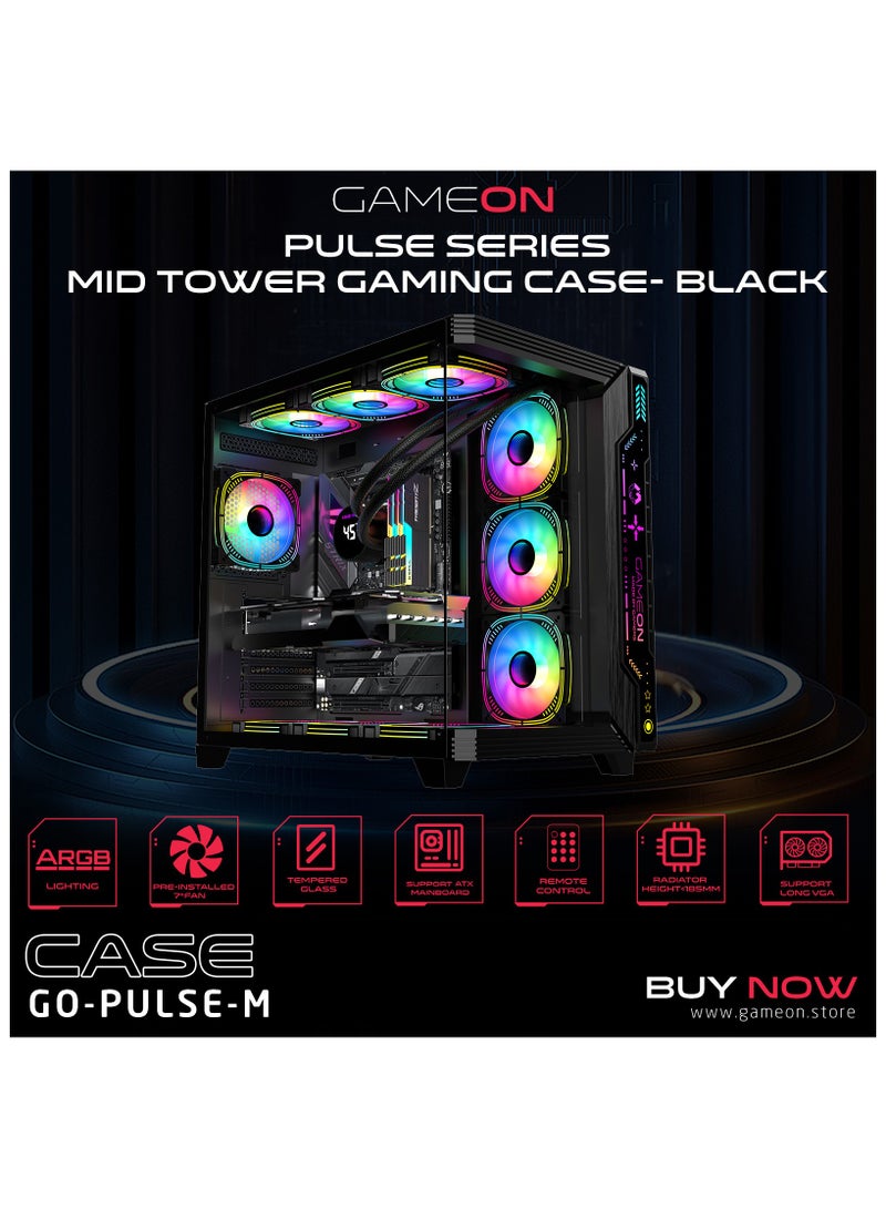 GAMEON PULSE-M Gaming PC Case – ATX/M-ATX/ITX Support, Tempered Glass, ARGB+PWM Lighting, Pre-installed 7 Fans, 360mm Water Cooling Ready Black - Image 2