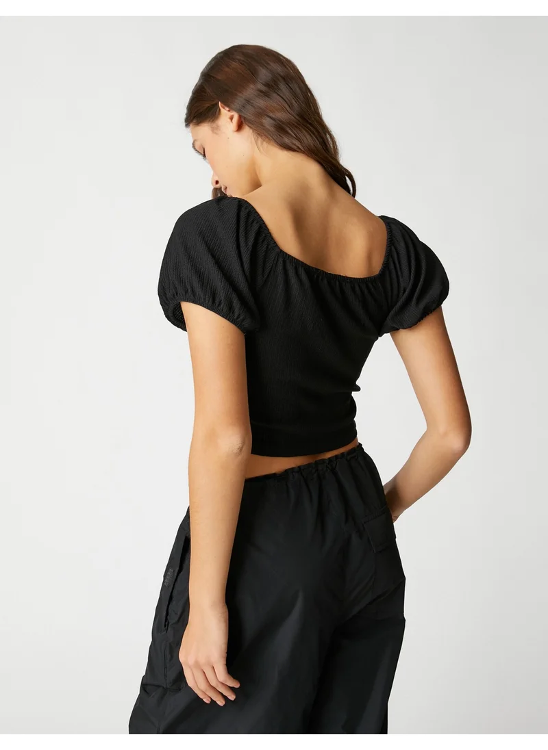 KOTON Crop T-Shirt Balloon Sleeves Gather Detailed V-Neck