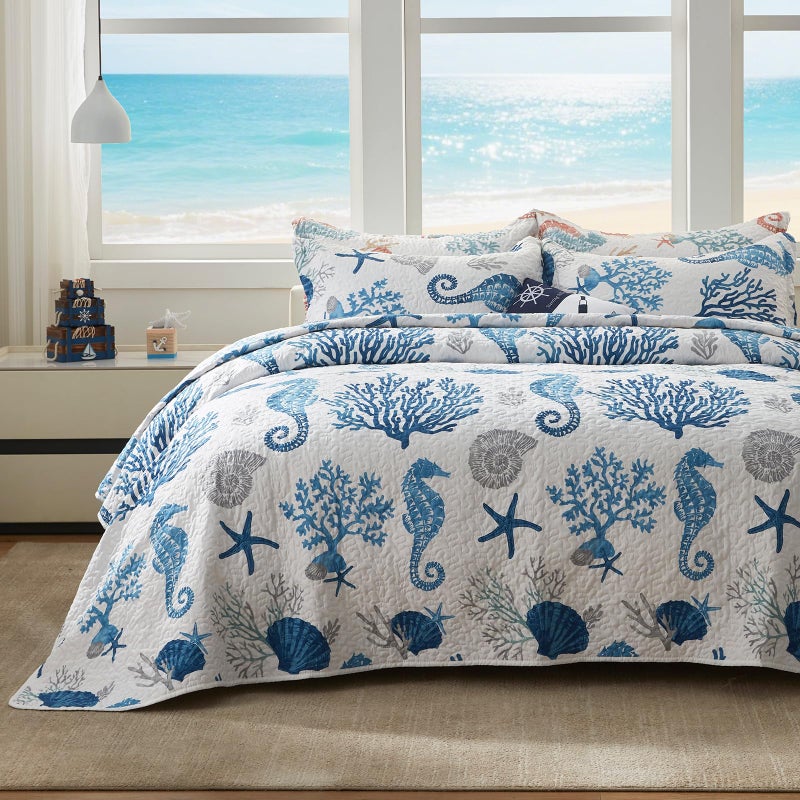 LEAONME Coastal Quilt Set California King Size - Lightweight Microfiber Reversible Bedspread, 106''x118'', Sea Blue, Includes 2 Shams - Image 1