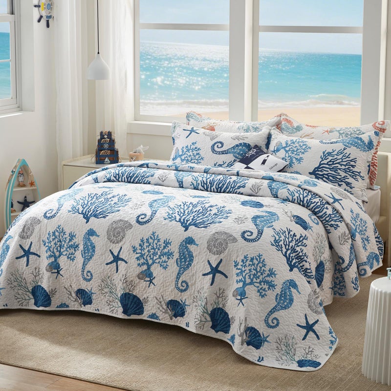 LEAONME Coastal Quilt Set California King Size - Lightweight Microfiber Reversible Bedspread, 106''x118'', Sea Blue, Includes 2 Shams - Image 2