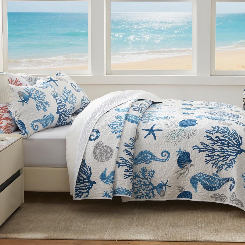 LEAONME Coastal Quilt Set California King Size - Lightweight Microfiber Reversible Bedspread, 106''x118'', Sea Blue, Includes 2 Shams - Image 3