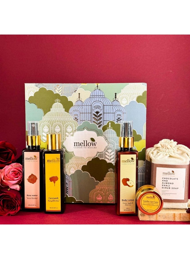 MELLOW Must Have Eessential Gift Box | Rose Water-100Ml, Marigold & Mint Facewash-100Ml, Chocolate And Almond Scrub Soap With Wooden Soap Tray-100G, Green Apple Body Lotion-100Ml, Lip Cure-12G - Image 1