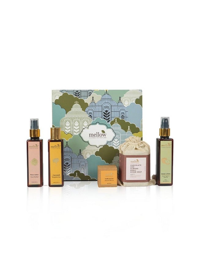 MELLOW Must Have Eessential Gift Box | Rose Water-100Ml, Marigold & Mint Facewash-100Ml, Chocolate And Almond Scrub Soap With Wooden Soap Tray-100G, Green Apple Body Lotion-100Ml, Lip Cure-12G - Image 5