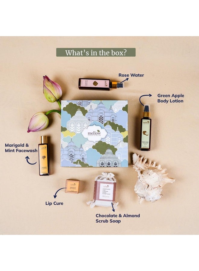 MELLOW Must Have Eessential Gift Box | Rose Water-100Ml, Marigold & Mint Facewash-100Ml, Chocolate And Almond Scrub Soap With Wooden Soap Tray-100G, Green Apple Body Lotion-100Ml, Lip Cure-12G - Image 3
