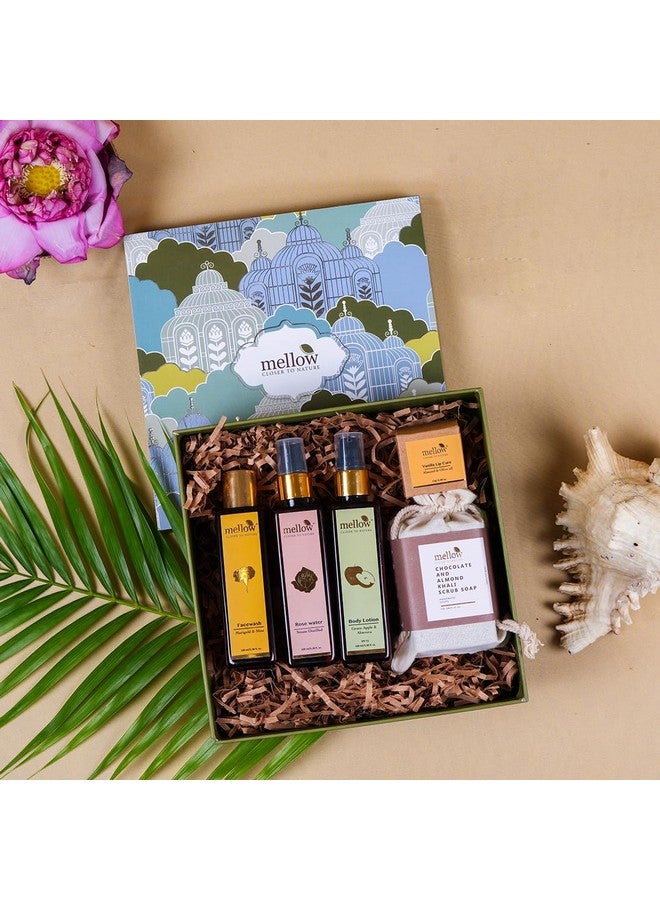 MELLOW Must Have Eessential Gift Box | Rose Water-100Ml, Marigold & Mint Facewash-100Ml, Chocolate And Almond Scrub Soap With Wooden Soap Tray-100G, Green Apple Body Lotion-100Ml, Lip Cure-12G - Image 2