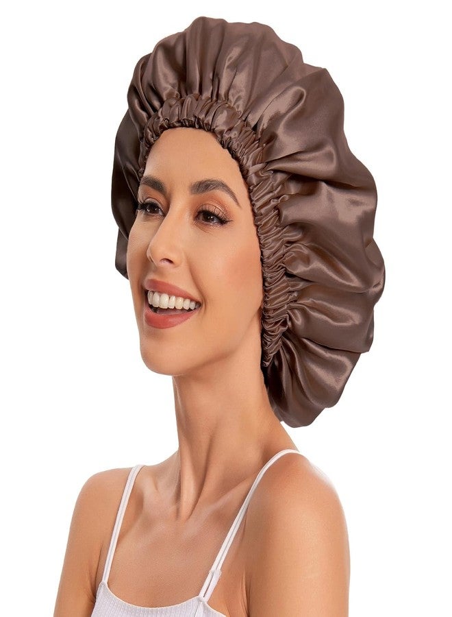 Craftelio Double Layer Satin Bonnet for Sleeping Women & Men | Adjustable Silk Hair Cap for Curly, Natural & Braided Hair | Soft Sleep & Shower Cap | Frizz-Free Night Bonnet Gift Set (Brown) - Image 5