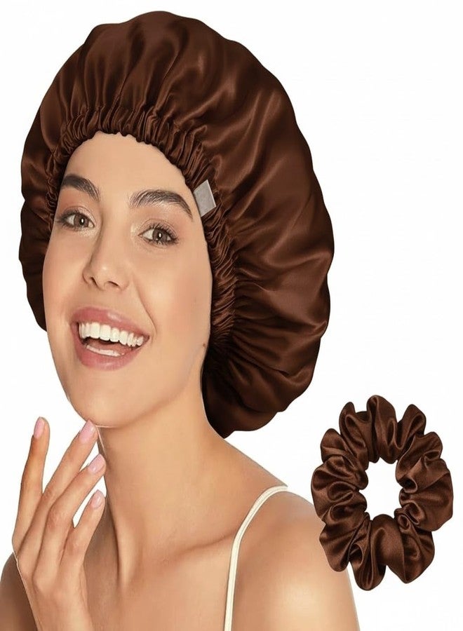 Craftelio Double Layer Satin Bonnet for Sleeping Women & Men | Adjustable Silk Hair Cap for Curly, Natural & Braided Hair | Soft Sleep & Shower Cap | Frizz-Free Night Bonnet Gift Set (Brown) - Image 1