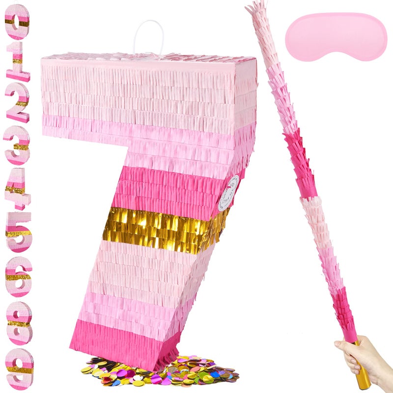 PCFING 20 Inch Number 7 Piata Pink Gold with 30 Inch Piata Stick Blindfold Confetti for Boys Girls Adults Birthday Party Decorations Anniversary Celebration Fiesta - Image 3