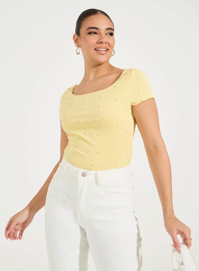 Styli Rib Knit Wide Neck Top with Pearl Embellished Detail - Image 4