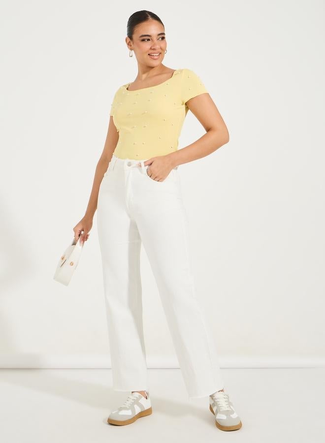 Styli Rib Knit Wide Neck Top with Pearl Embellished Detail - Image 2