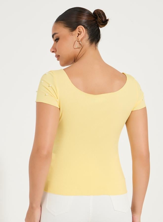 Styli Rib Knit Wide Neck Top with Pearl Embellished Detail - Image 5