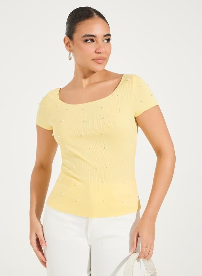 Styli Rib Knit Wide Neck Top with Pearl Embellished Detail - Image 1