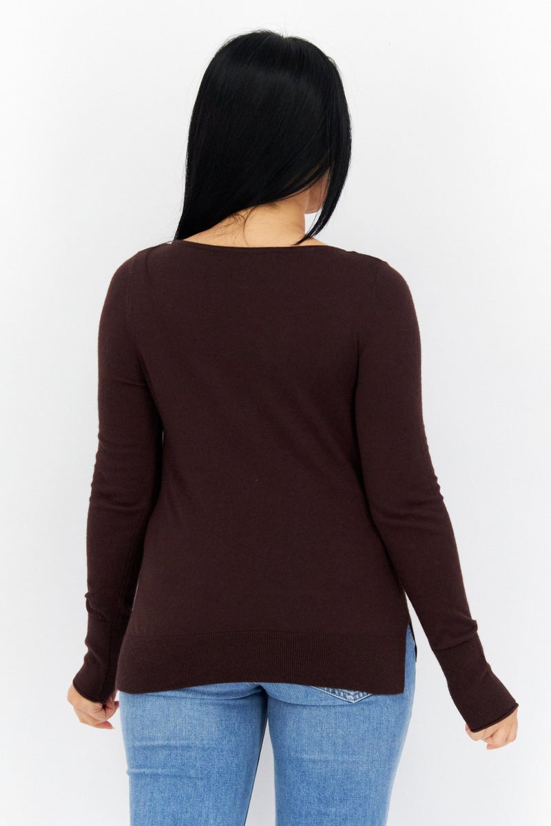 COMMA Women Bateau Neck Long Sleeve Solid Top, Brown - Image 2