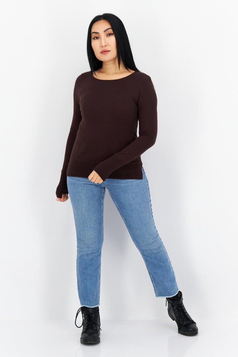 COMMA Women Bateau Neck Long Sleeve Solid Top, Brown - Image 4