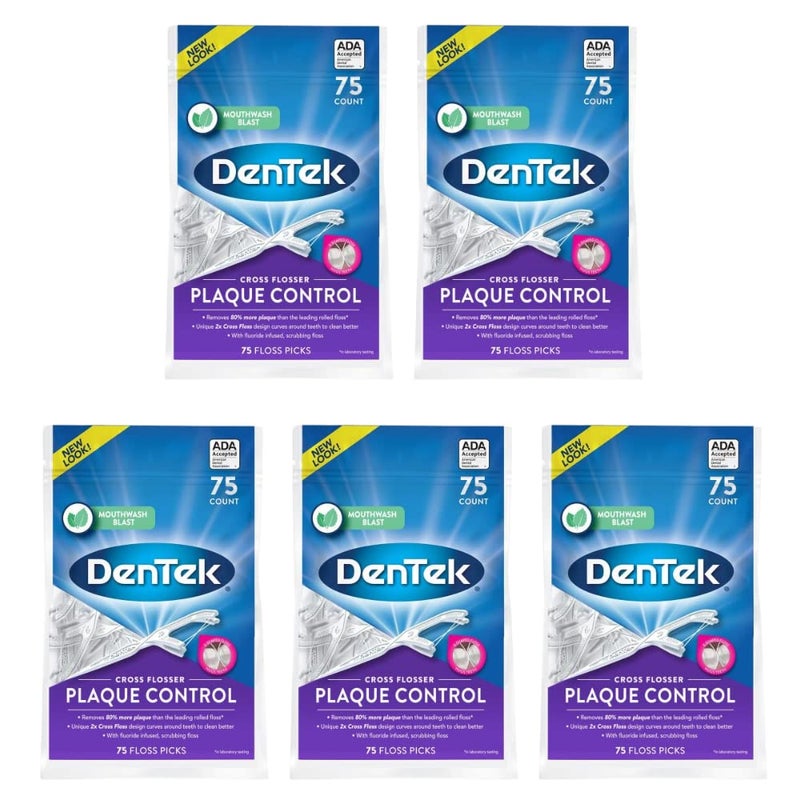 DenTek Cross Flosser Plaque Control Floss Picks, X-Shaped Floss, 75 Count, (Pack of 5) - Image 1