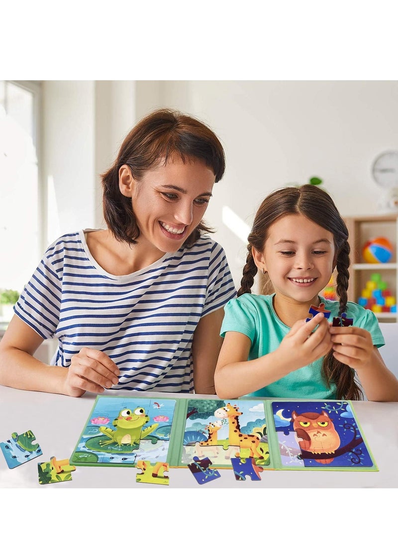 Zikra Magnetic Puzzles for Kids Ages 4 5 6 7 8 Three Wooden Jigsaw 37 Piece Animal Book Party Favors  Girls and Boys Travel Activities Toys - Image 1