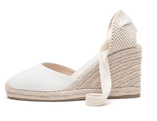 U-lite Womens Espadrille Wedge Sandals Closed Toe Platform Lace Up Ankle Strap Slingback Summer Dress Shoes White Canvas-3" 7 - Image 4