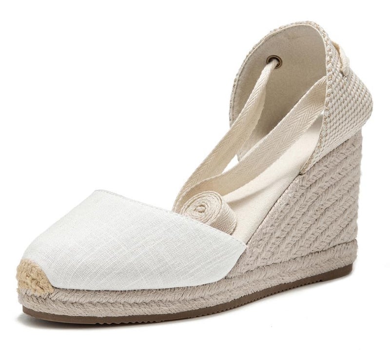 U-lite Womens Espadrille Wedge Sandals Closed Toe Platform Lace Up Ankle Strap Slingback Summer Dress Shoes White Canvas-3" 7 - Image 5