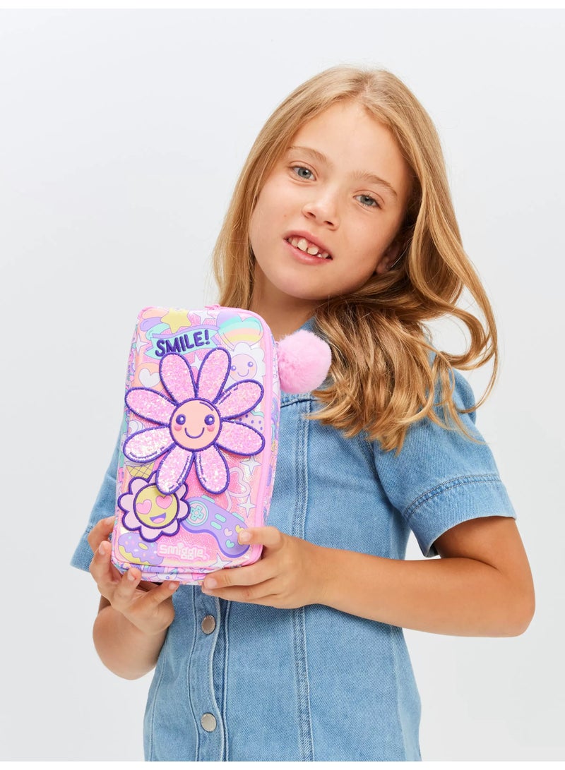 Pink u0026 Purple Cartoon Floral Double-Decker Pencil Case | Two-Layer Zipper Pen Holder - Image 1