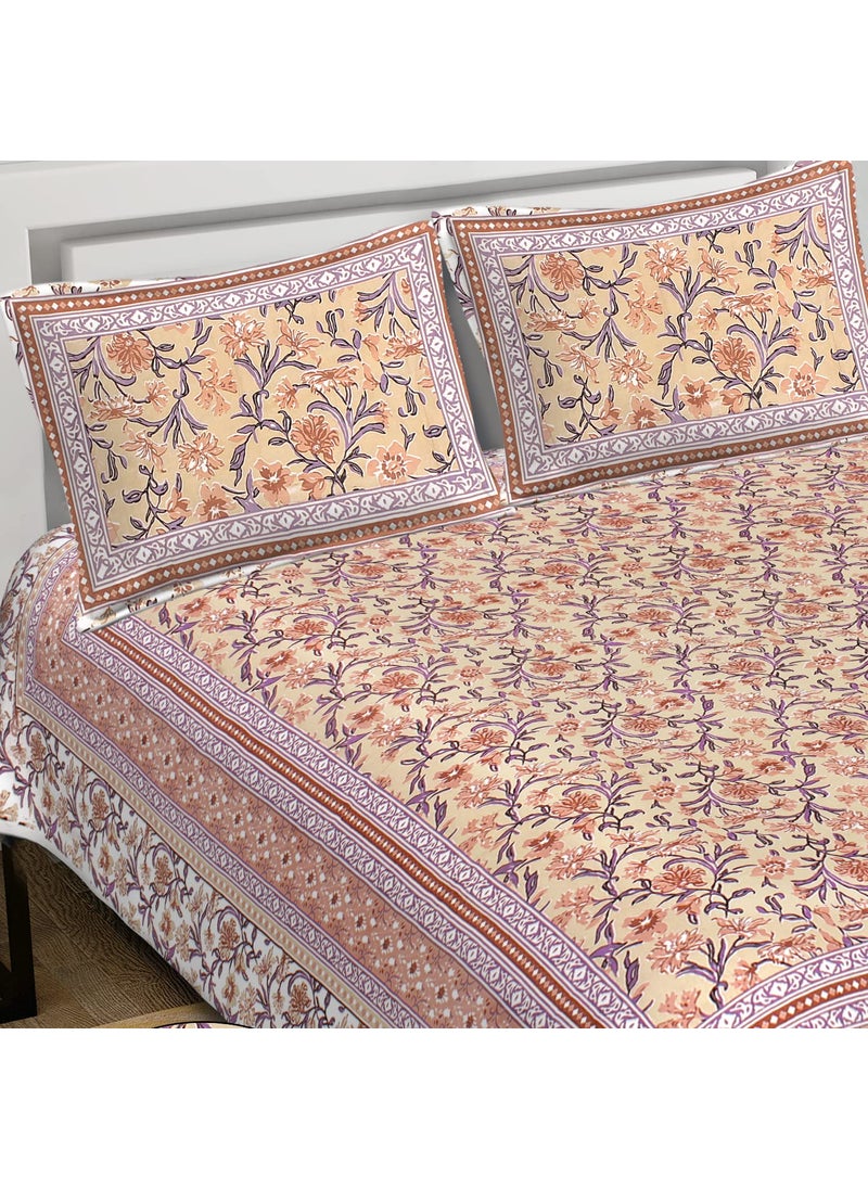 Queenie Queenie Brand Pure Cotton Bedsheets for Double Bed - 180 TC King Size Bedsheet with 2 Pillow Covers (7.3 ft x 8.8 ft) (Double, Hand Block Printed-BRN)  - Image 1