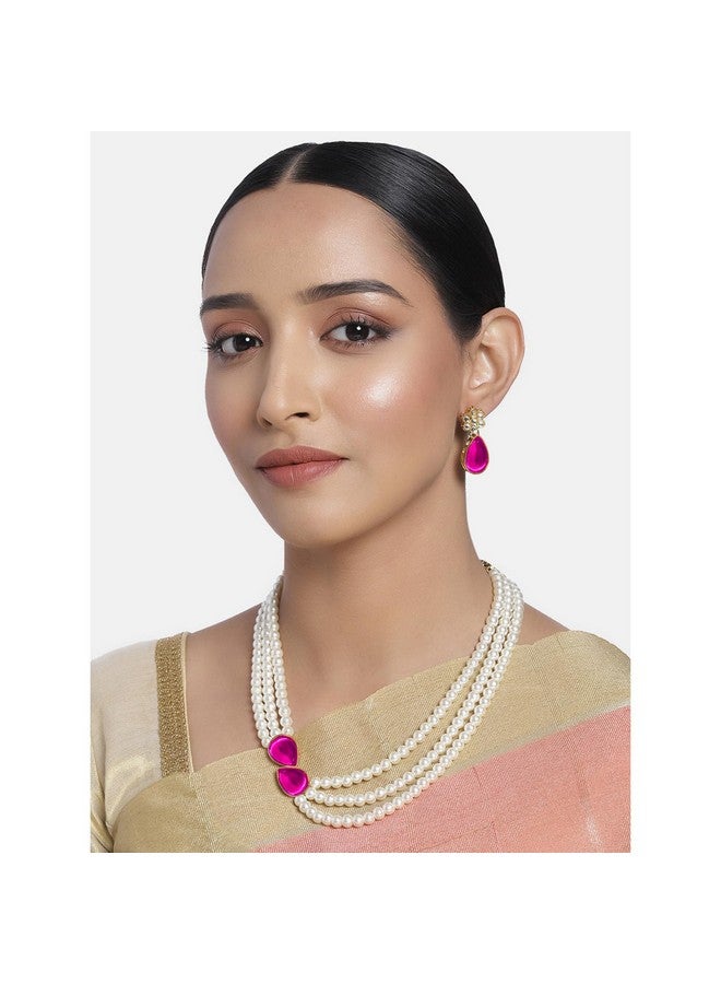 Peora Pearl Mala Rani Pink Necklace & Earrings for Women Girls Traditional Ethnic Jewellery Set - Image 3