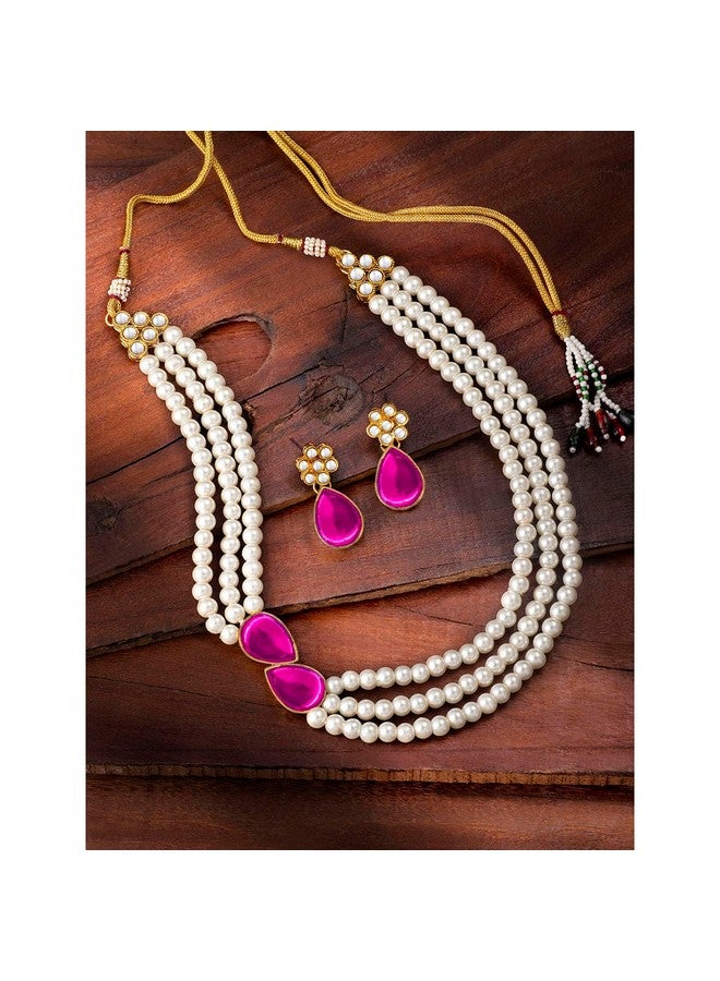 Peora Pearl Mala Rani Pink Necklace & Earrings for Women Girls Traditional Ethnic Jewellery Set - Image 2