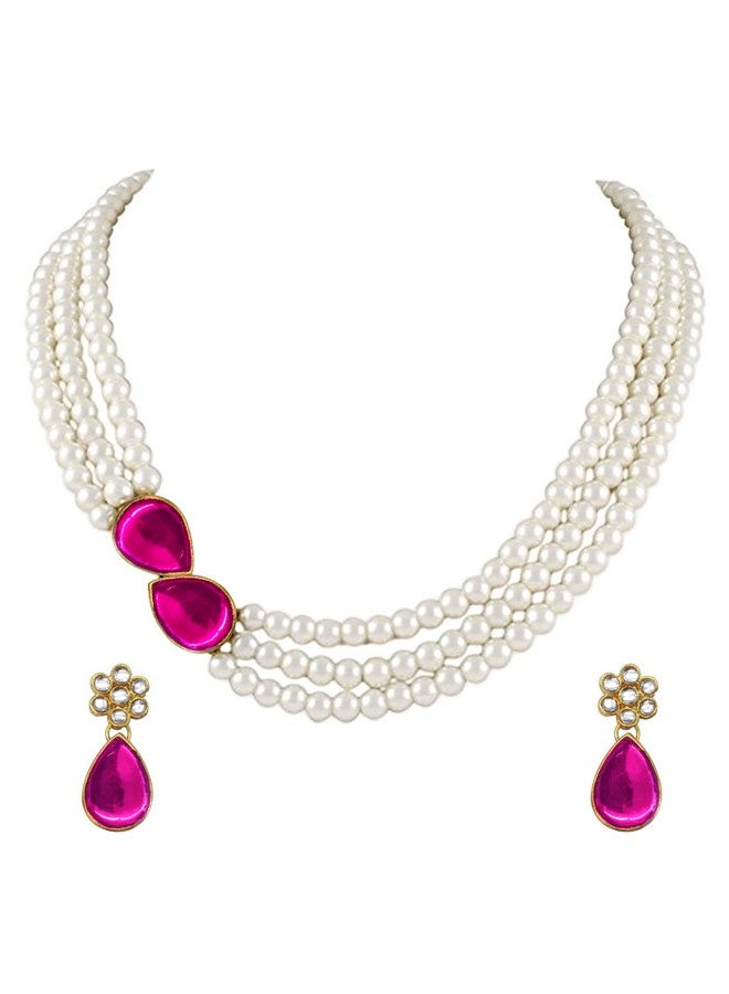 Peora Pearl Mala Rani Pink Necklace & Earrings for Women Girls Traditional Ethnic Jewellery Set - Image 1
