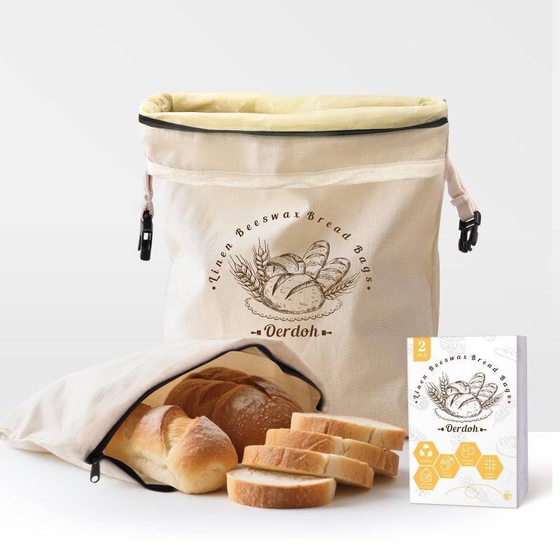 Oerdoh Bread Bags for Homemade Bread - 2 Packs XL Reusable Organic Beeswax Linen Cotton Sourdough Bag, Homesteading Essentials Sourdough Bags with Sealing Zip to Keep Fresh - Image 1