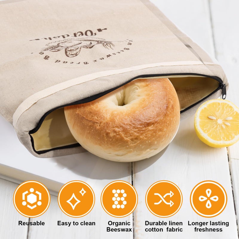 Oerdoh Bread Bags for Homemade Bread - 2 Packs XL Reusable Organic Beeswax Linen Cotton Sourdough Bag, Homesteading Essentials Sourdough Bags with Sealing Zip to Keep Fresh - Image 2