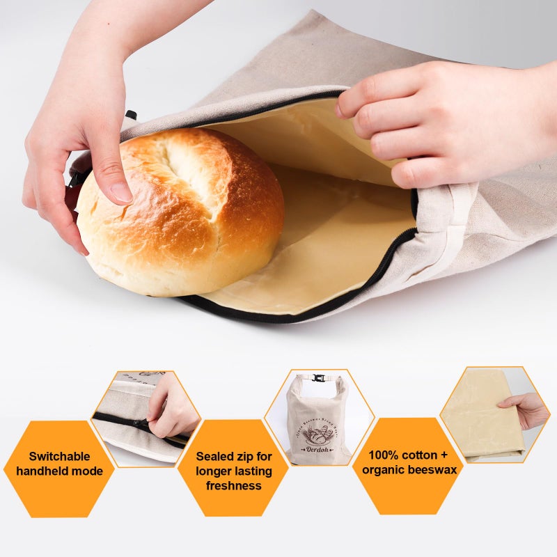 Oerdoh Bread Bags for Homemade Bread - 2 Packs XL Reusable Organic Beeswax Linen Cotton Sourdough Bag, Homesteading Essentials Sourdough Bags with Sealing Zip to Keep Fresh - Image 3