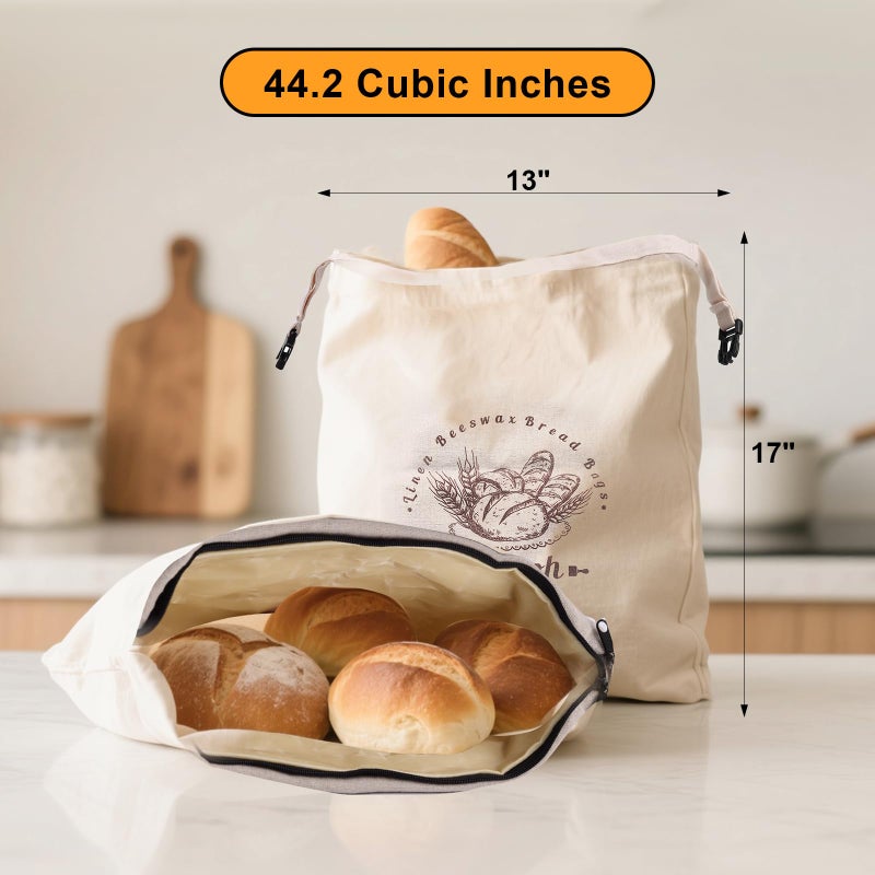 Oerdoh Bread Bags for Homemade Bread - 2 Packs XL Reusable Organic Beeswax Linen Cotton Sourdough Bag, Homesteading Essentials Sourdough Bags with Sealing Zip to Keep Fresh - Image 4