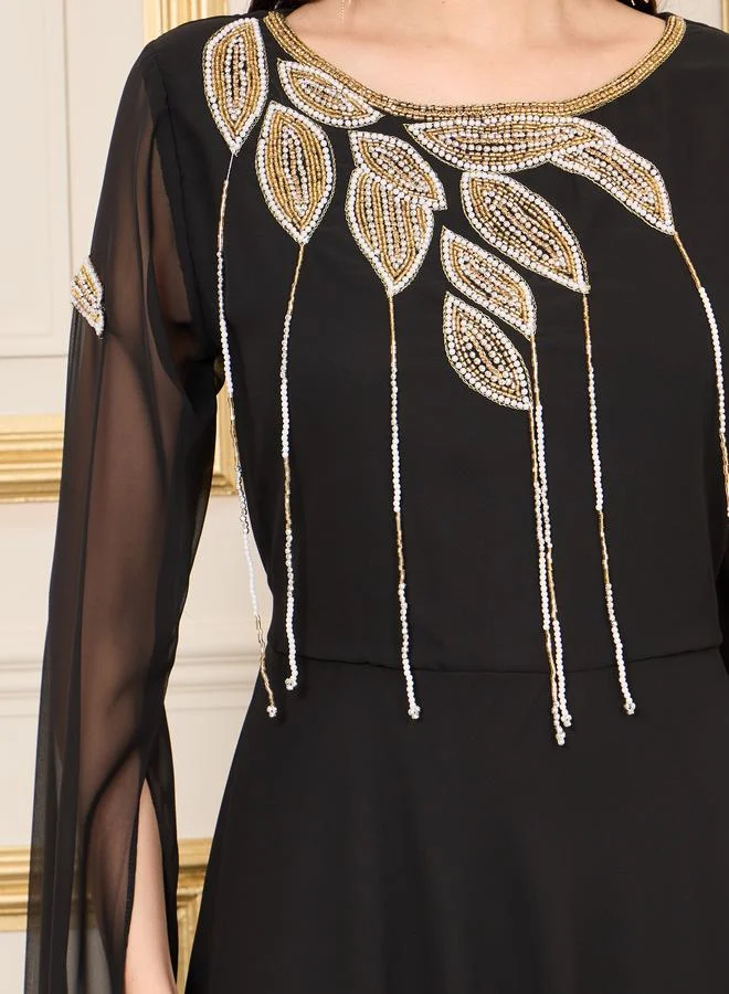 Styli Beaded Embellished Cape Sleeves A Line Maxi Dress