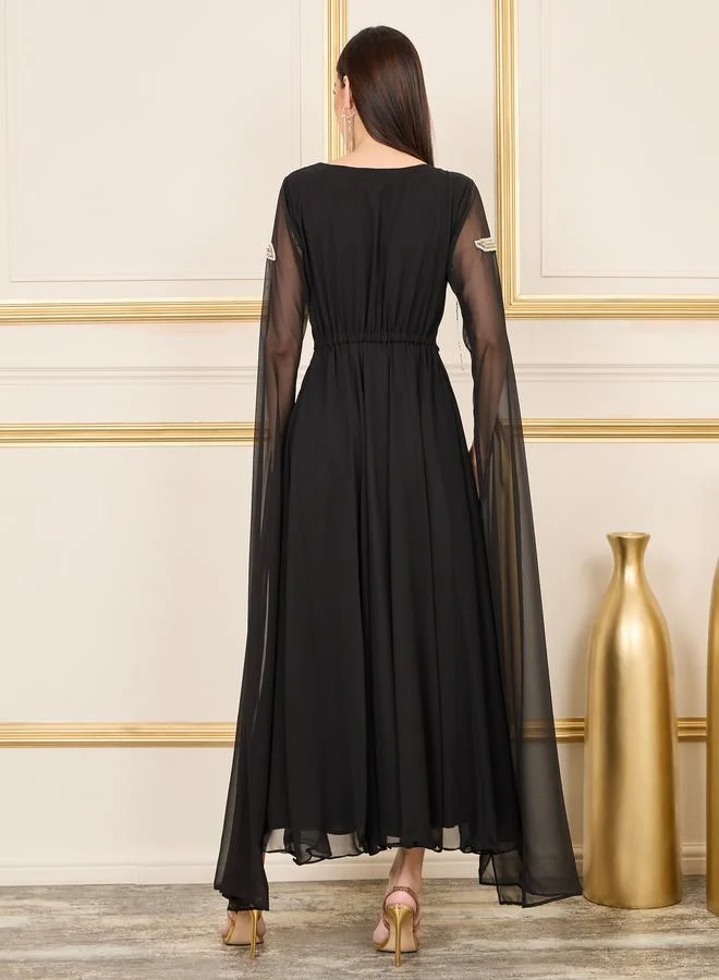 Styli Beaded Embellished Cape Sleeves A Line Maxi Dress