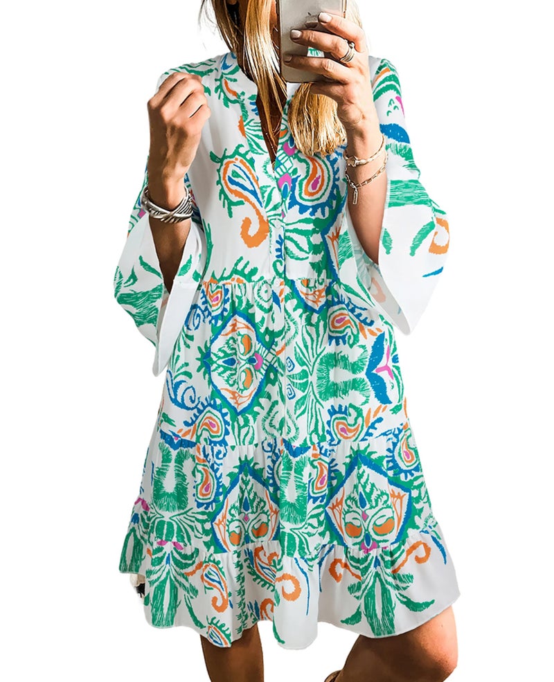 SELINK Womens Long Sleeve Dresses Casual V Neck Tribal Print Button Flowy Boho Mini Beach Dress Green-XL - Image 1