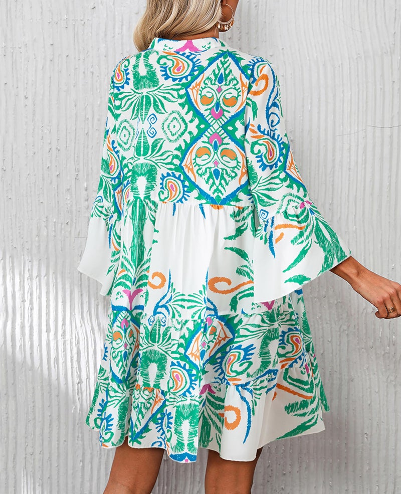 SELINK Womens Long Sleeve Dresses Casual V Neck Tribal Print Button Flowy Boho Mini Beach Dress Green-XL - Image 2