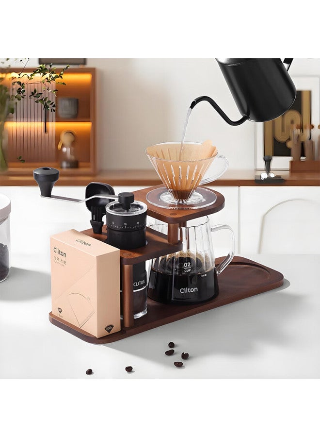 Cliton Pour-over Coffee Maker Set With Manual Grinder, Hand-cranked Coffee Mill, Pour-over Kettle, Filter Cup, Wooden Storage Rack, 9 Pieces - Image 1