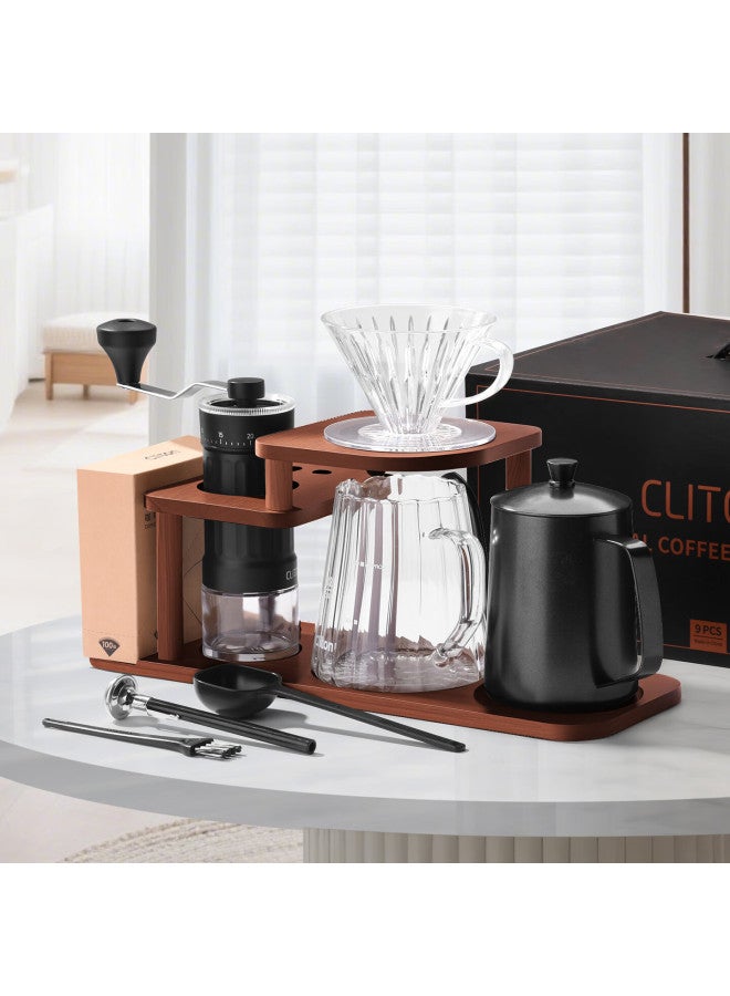 Cliton Pour-over Coffee Maker Set With Manual Grinder, Hand-cranked Coffee Mill, Pour-over Kettle, Filter Cup, Wooden Storage Rack, 9 Pieces - Image 5
