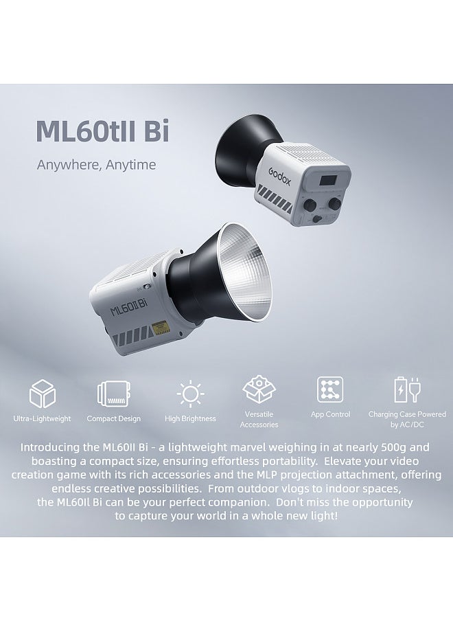 Godox - ML60II Bi 70W Video Light Bi-Color Photography Light 2800K-6500K Dimmable CRI≥96 with Mount COB Bead 11 Lighting Scene Effects 2.4G Wireless System - Image 1