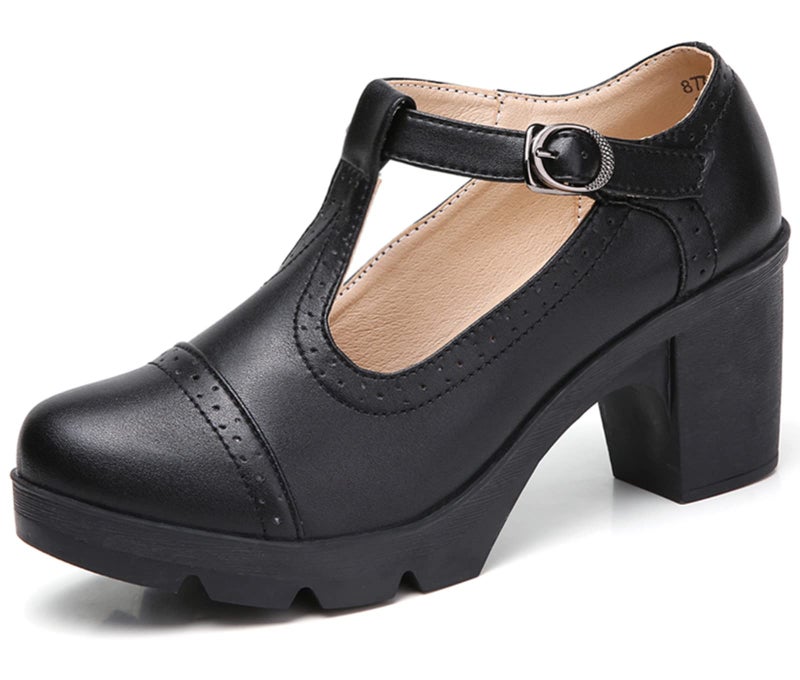 DADAWEN Women's Leather Classic T-Strap Platform Chunky Mid-Heel Mary Jane Square Toe Oxfords Dress Pump Shoes Black US Size 7.5 - Image 1