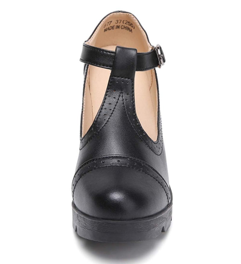 DADAWEN Women's Leather Classic T-Strap Platform Chunky Mid-Heel Mary Jane Square Toe Oxfords Dress Pump Shoes Black US Size 7.5 - Image 3