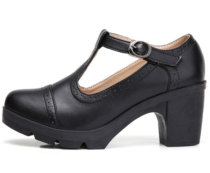 DADAWEN Women's Leather Classic T-Strap Platform Chunky Mid-Heel Mary Jane Square Toe Oxfords Dress Pump Shoes Black US Size 7.5 - Image 4
