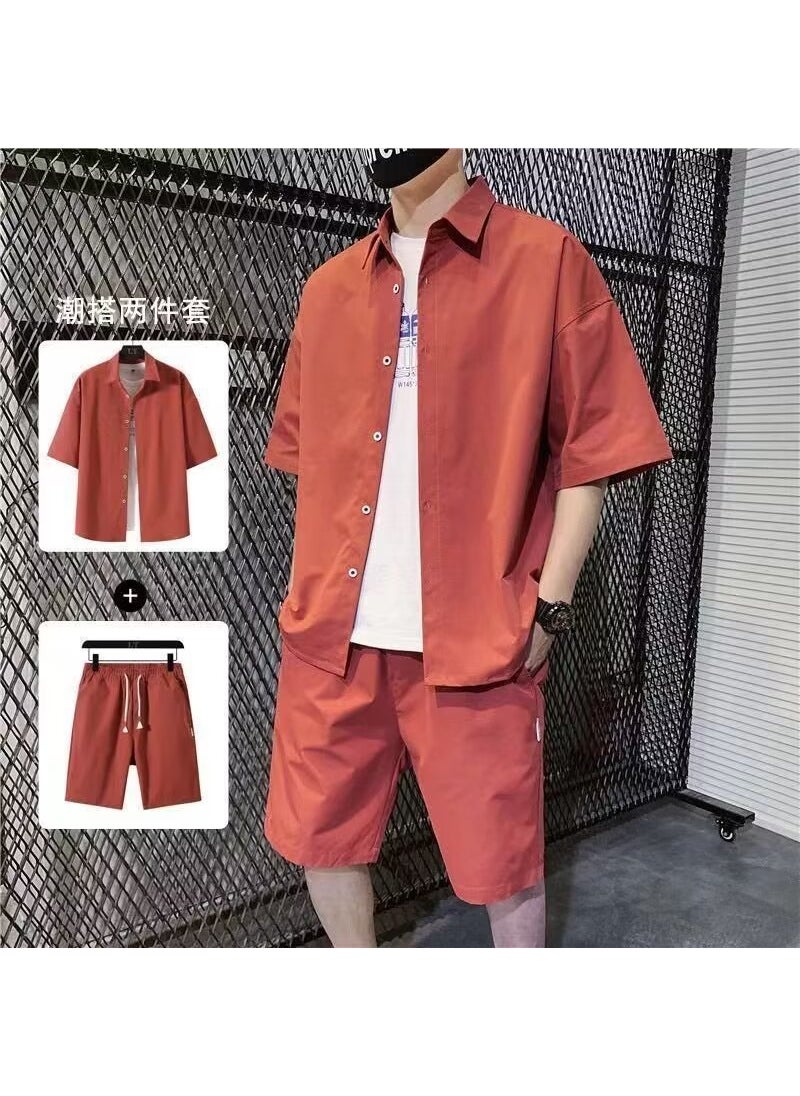 Generic - Trendy Brand Mens Summer New Arrival Short Sleeve T-shirt Shorts 2-piece Casual Suit For Students Youth Boys Red - Image 1